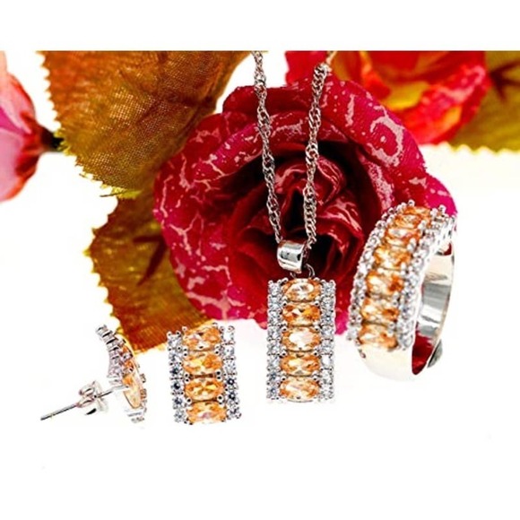 Platinum Plated Necklace Earring Ring CZ Cubic Rhinestone Necklace Ring Earrings - Picture 7 of 7